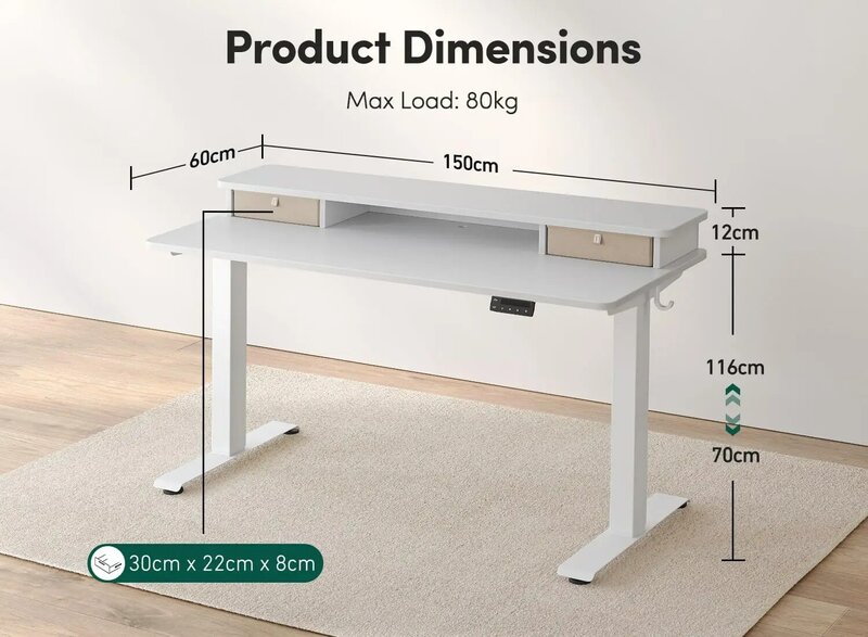 60 x 24 inch height adjustable electric standing desk, double drawers, standing desk, storage rack, sit-stand desk, white