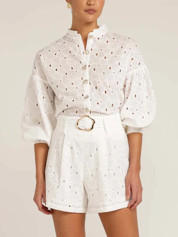 Galcaur-Conjunto de duas peças feminino, blusa de manga curta com gola alta e short de cintura alta, estilo casual