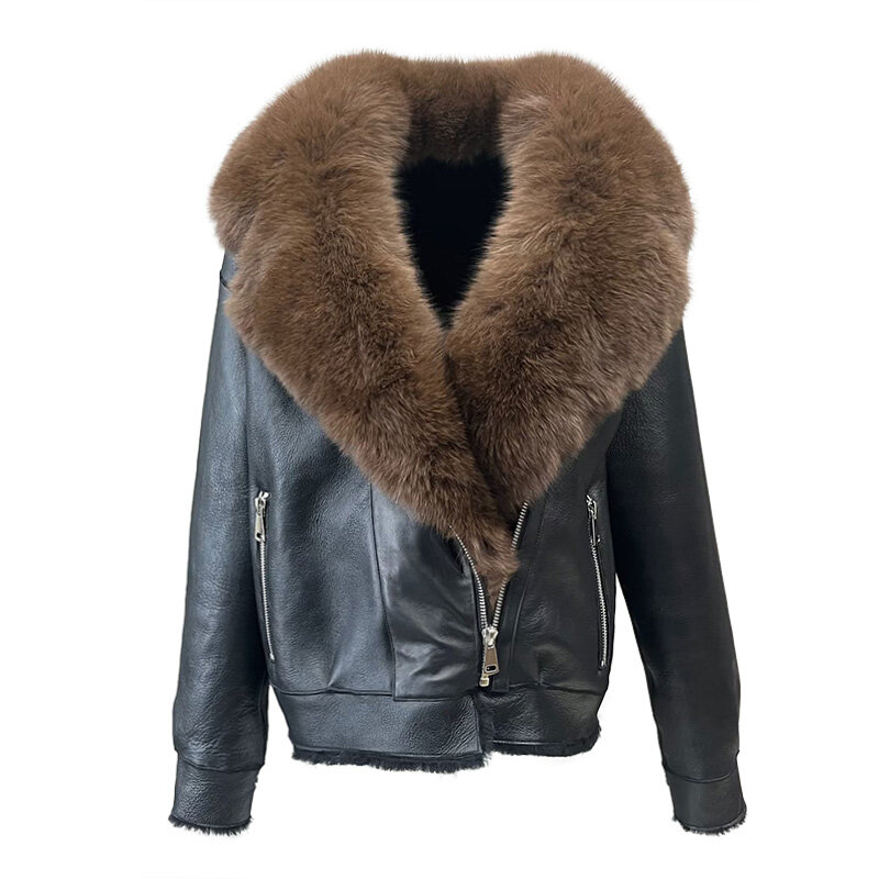 Jaqueta de couro genuíno para senhoras casacos de pele de carneiro gola de pele de raposa moda luxuosa, inverno, 2023
