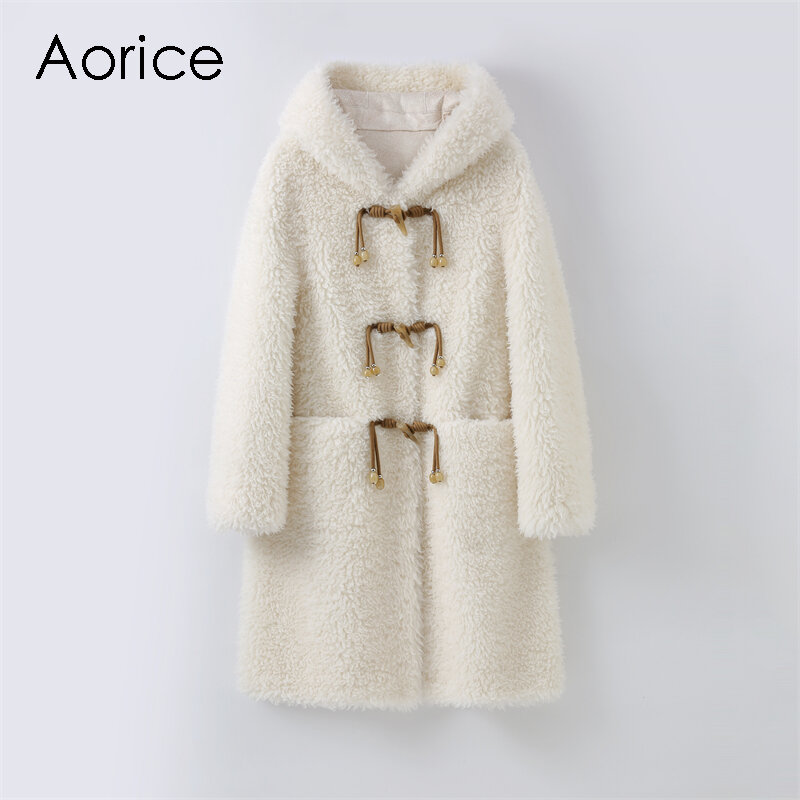 Jaqueta de lã genuína feminina com capuz, casaco longo quente de shearling de ovelha chique da senhora, parka feminina, H2385, inverno