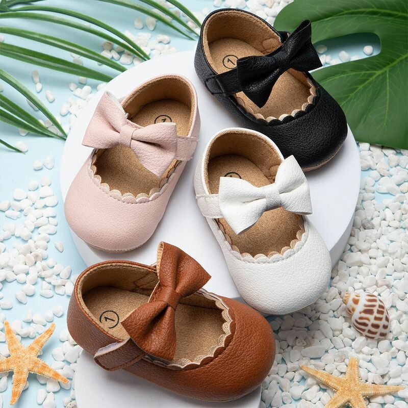 Zapatos de cuero PU antideslizantes para bebé recién nacido, suela de goma suave, zapatos informales con lazo, zapatos de princesa para primeros pasos