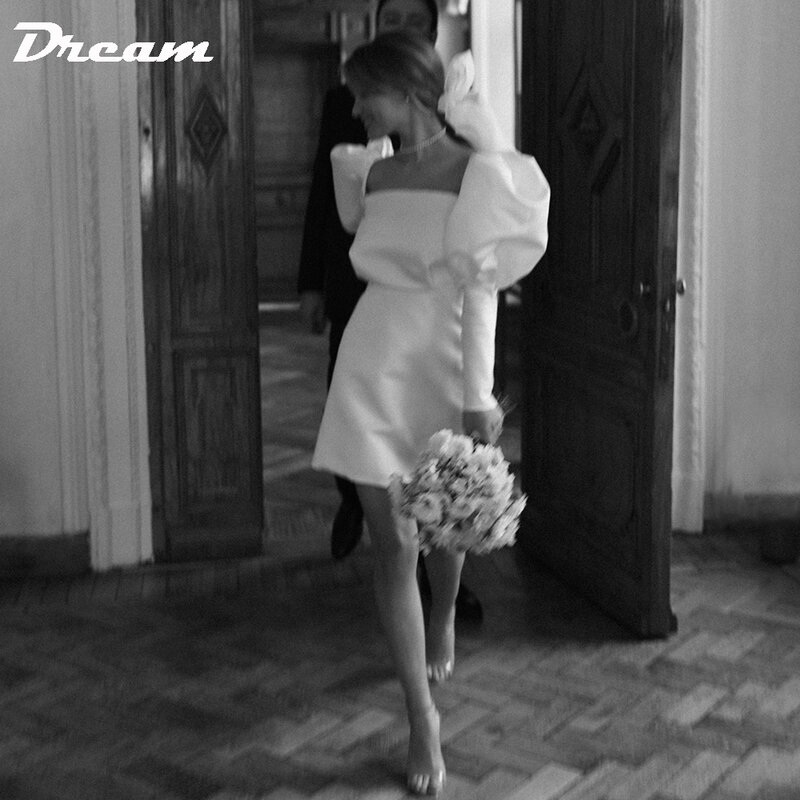 DREAM vestido de novia de satén con mangas largas de burbuja, Mini vestido de novia Retro, cuello cuadrado Simple, por encima de la rodilla