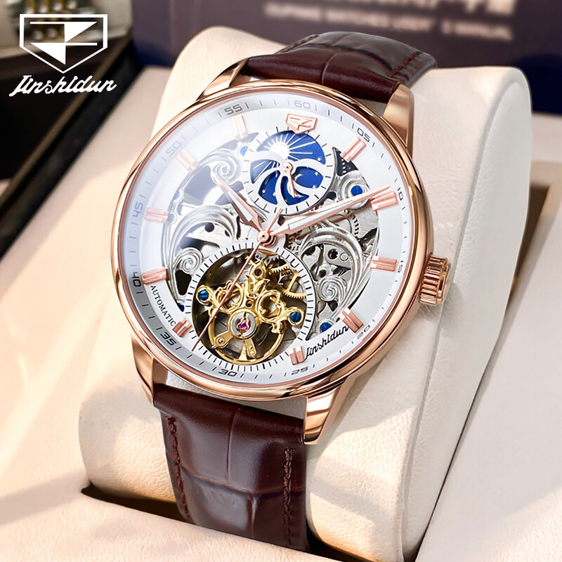 JSDUN Mechanical Watches for Business Men Skeleton Design Waterproof Wristwatches Classic Leather Strap Gift for Husband 8922