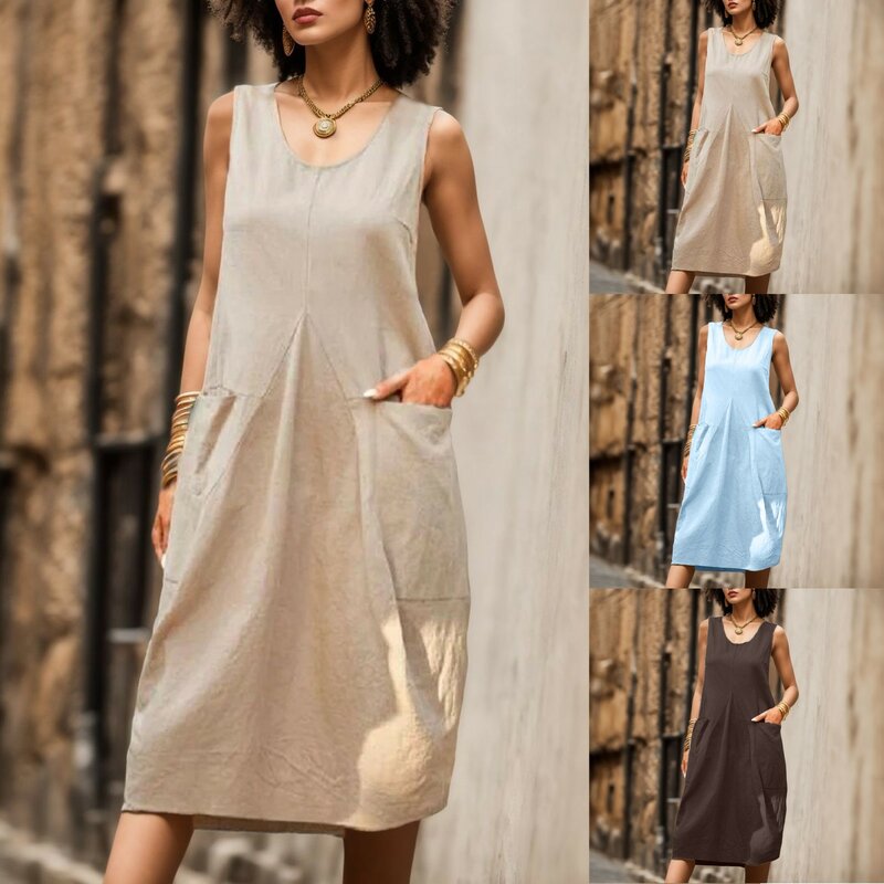 Women's Sleeveless Solid Color Loose U Tie Pocket Dress Casual Dress Long Sleeve Swing Dress Solid Color T Shirt Dress