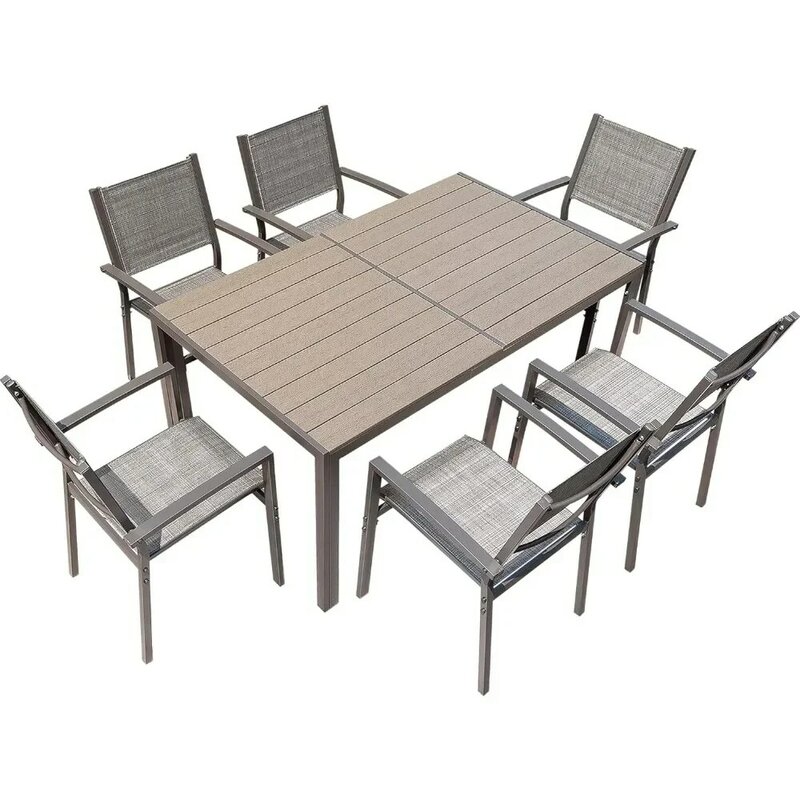 Set di mobili da esterno da pranzo in terrazza da 7 pezzi con tavolo resistente alle intemperie e 6 impilabili per giardino