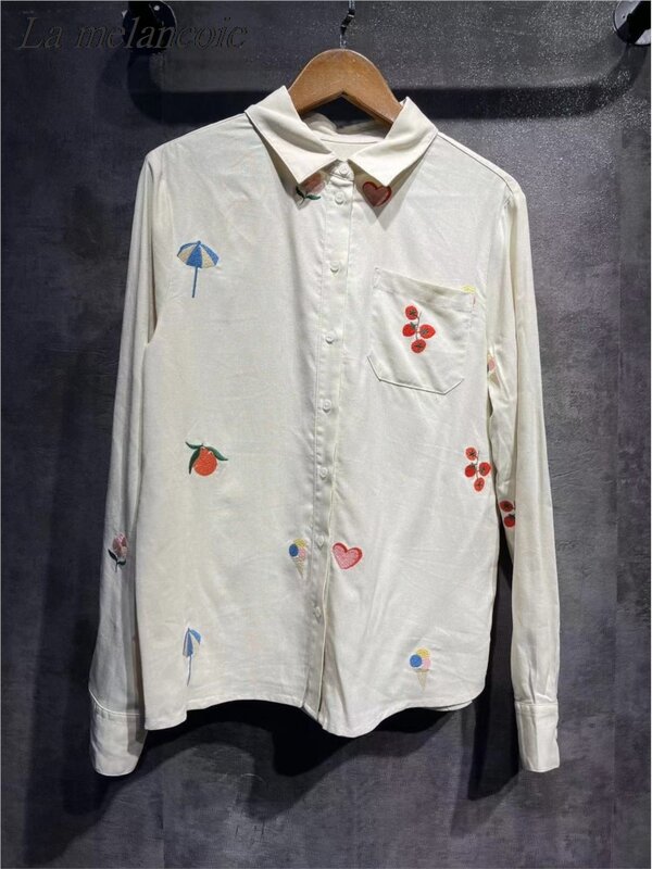 Haftowana koszula dla kobiet Wiosna 2024 Nowe bawełniane i lniane koszule z długim rękawem i kołnierzykiem Moda Francuska luźna bluzka Topy