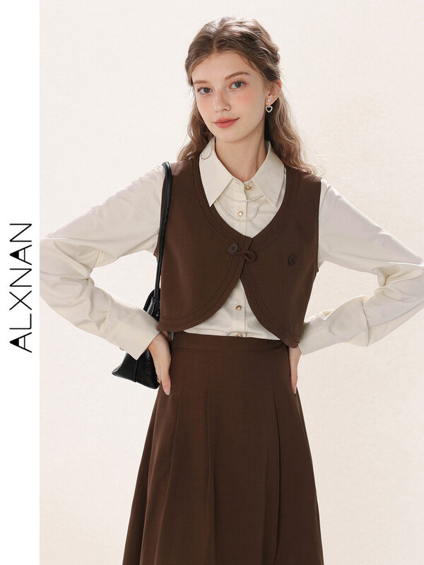 ALXNAN Elegant Three-piece Suit For Women 2024 New Lapel Single-breasted Shirt V-neck Vest Pleated Skirt Sold Separate TM00235