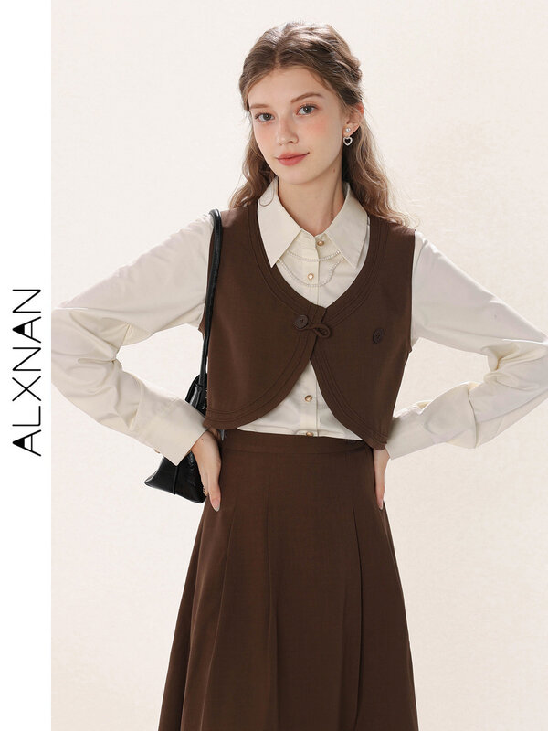 ALXNAN-Chemise à revers simple boutonnage pour femme, jupe émaillée à col en V, trois pièces trempées, vendu séparément, élégant, nouveau, 2024, TM00235