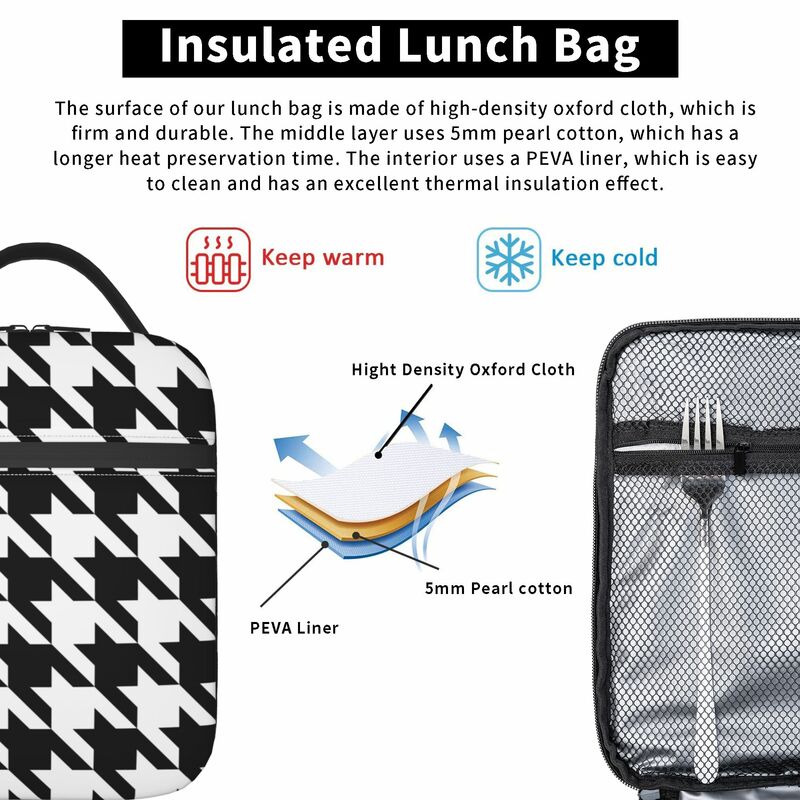 Houndstooth tas makan siang portabel Pria Wanita, tas makan siang piknik dan sekolah untuk kerja