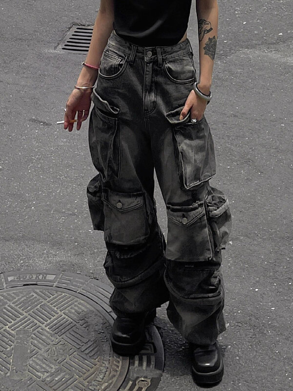 Donne Baggy Y2K Goth Cyber Punk Denim pantaloni Cargo pantaloni mamma Jeans Grunge Dark Academia Harajuku moda Jeans impilati Hip-pop