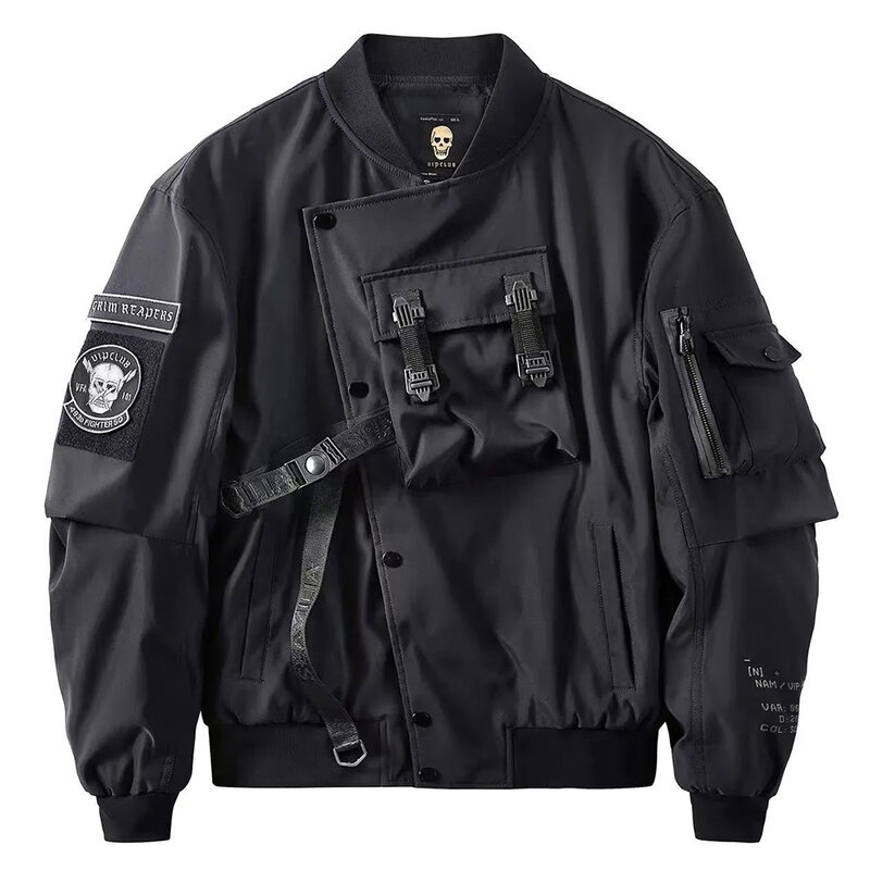 Men's street work Jacket, Jacket with zipper pocket, Solid color, Skeleton and Death Embroidery, Fashion Trends, Autumn/Winter,