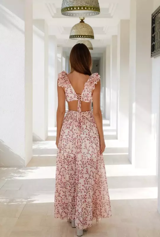 Gaun ruffle leher V rendah seksi mode wanita gaun panjang punggung terbuka dasi bahu bunga 2023 elegan Vestidos motif bunga wanita