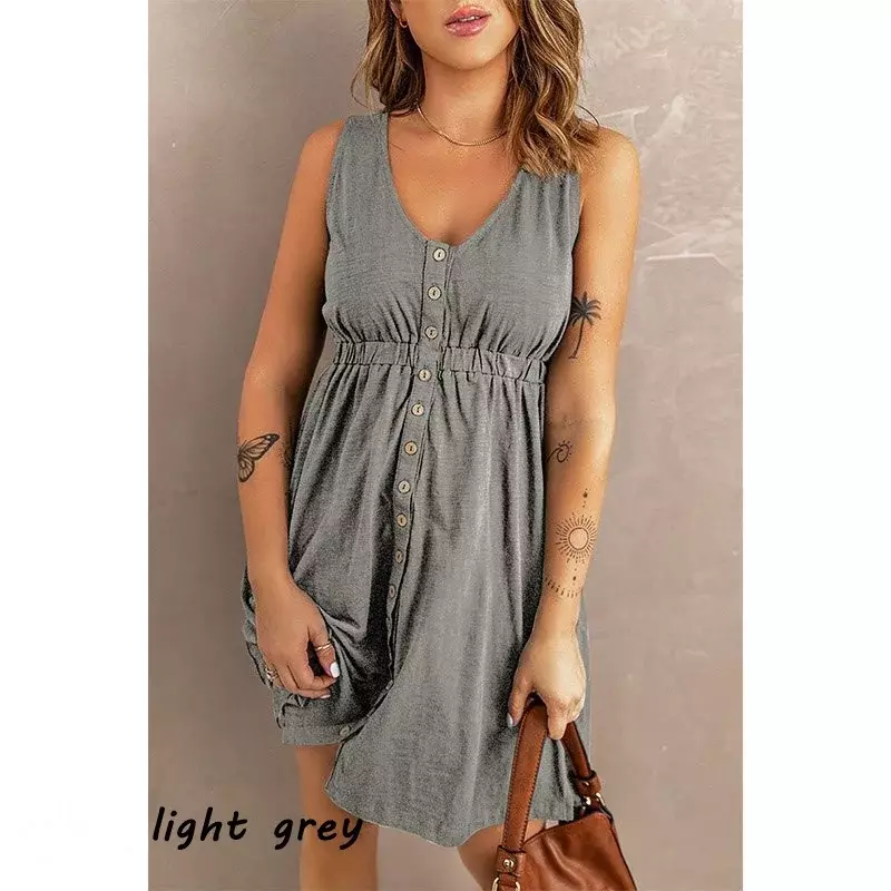 Summer Womens Dresses Tank Top Dresses Casual Sleeveless Button Down Elastic Waist Swing Loose Plain Solid Color Ladies Clothing