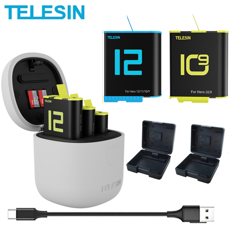 TELESIN-Paquete de 3 baterías de 1750mAh para GoPro, cargador de 12 y 11 ranuras, lector de tarjetas TF, caja de carga de almacenamiento para Go Pro Hero 12, 11, 10 y 9, color negro