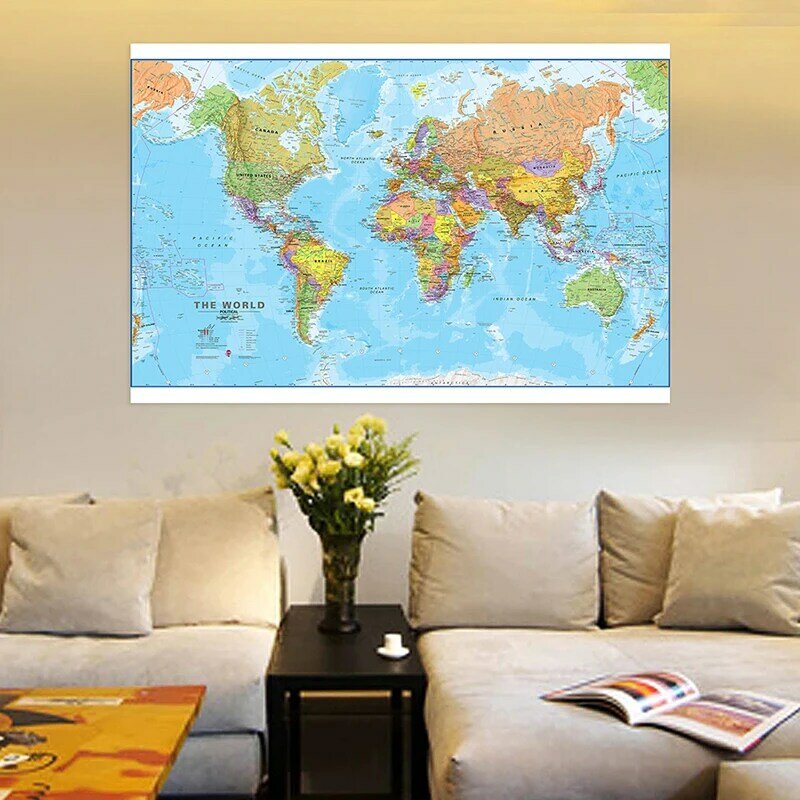 150*100cm polityczna mapa świata szczegółowy plakat na ścianę jasne płótno z nadrukiem obrazy klasie Home Decor szkolne