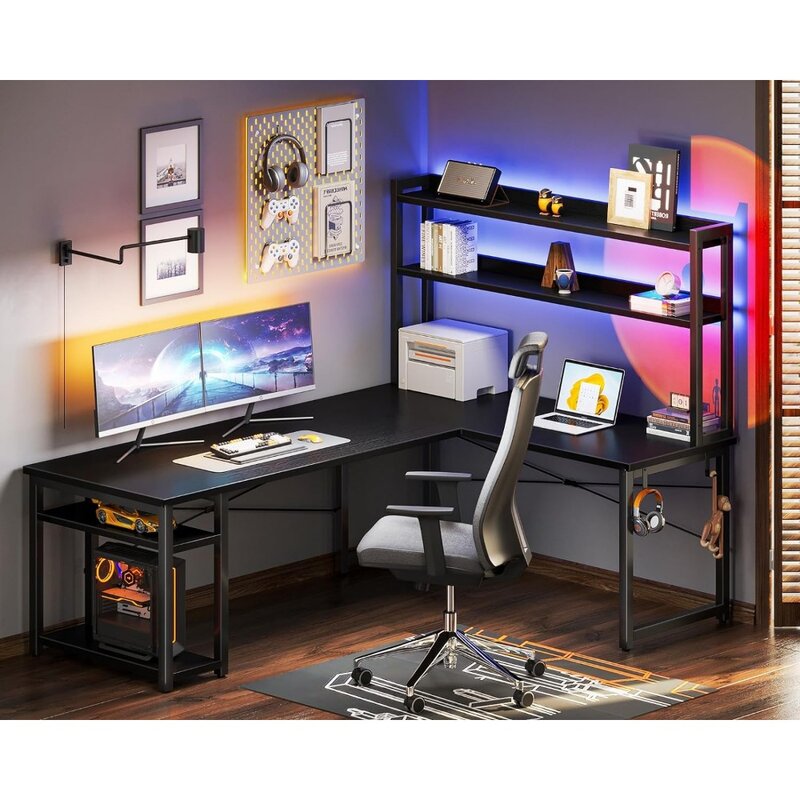 허치가있는 L 자형 게이밍 책상, 보관 선반이 있는 컴퓨터 책상, 홈 오피스용 66 인치 L 자형 책상