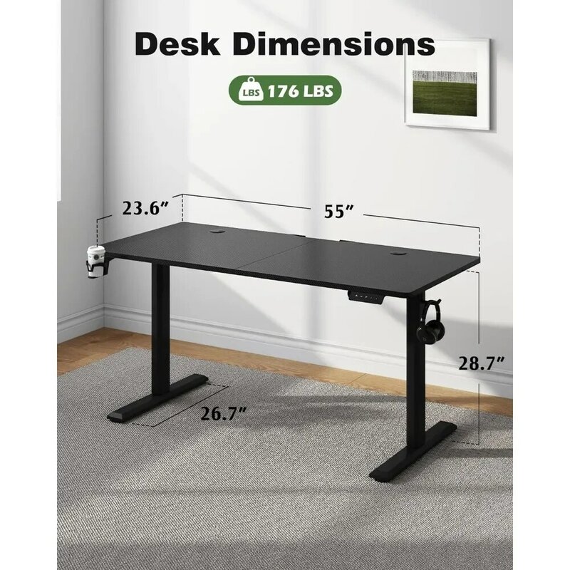 Height Adjustable Electric Standing Desk 55 Inch Home Office Table With Headphone Hook and Cup Holder 55" Black Freight Free