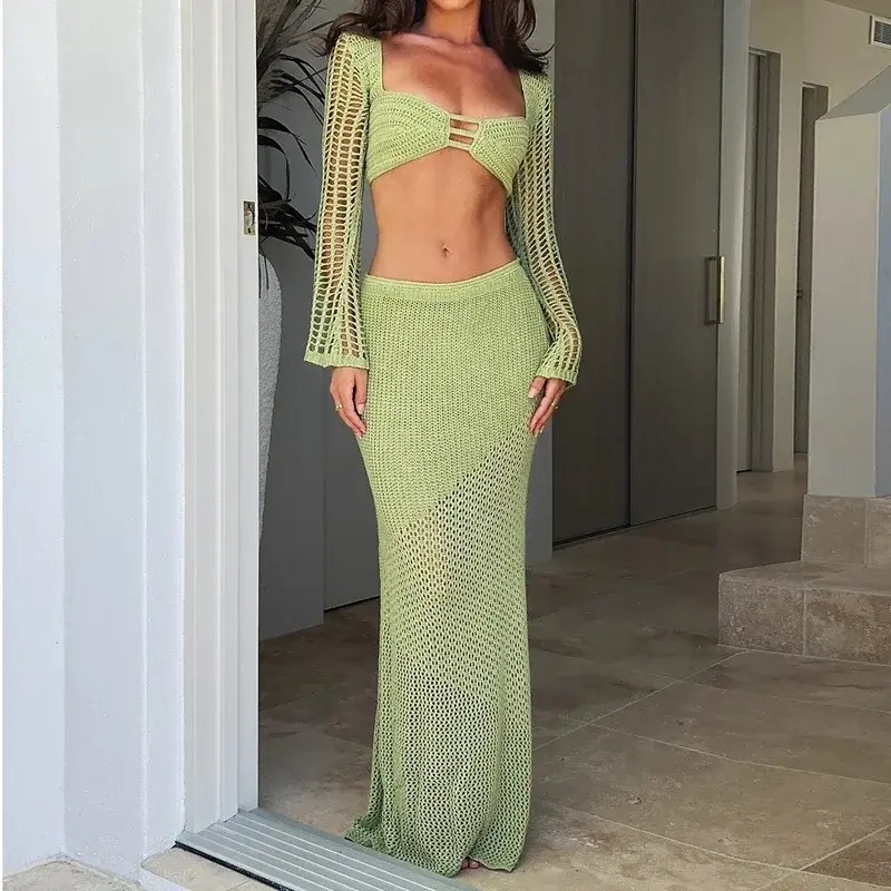 New Vintage 2 Piece Set Knitted Backless Tie Up Crop Tops Low Cut Crochet Hollow Out T-shirt + Long Skirt Women Holiday2024