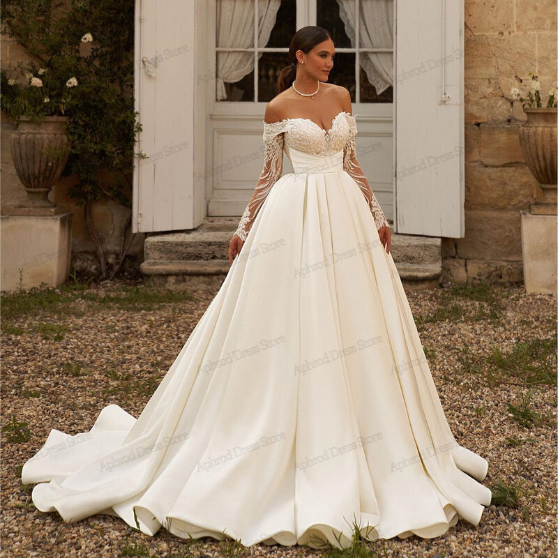 Gaun pernikahan Vintage gaun pengantin Satin A-Line applique renda gaun bahu terbuka gaun panjang Sweetheart Vestidos De Novia