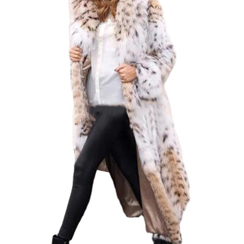 Women's Winter Warm Thickened New Pelt Coat Medium Length Leopard Print Long Faux Fox Pelt Coat Hooded Loose Ladies Coat