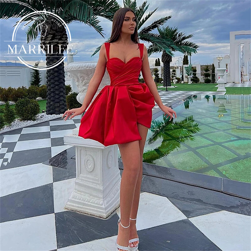 Marrilee-Sexy Red Spaghetti Straps Vestidos de noite, Charming Plissado Acima do Joelho A-Line, Irregular Prom Gown, Sweetheart Stain Dresses