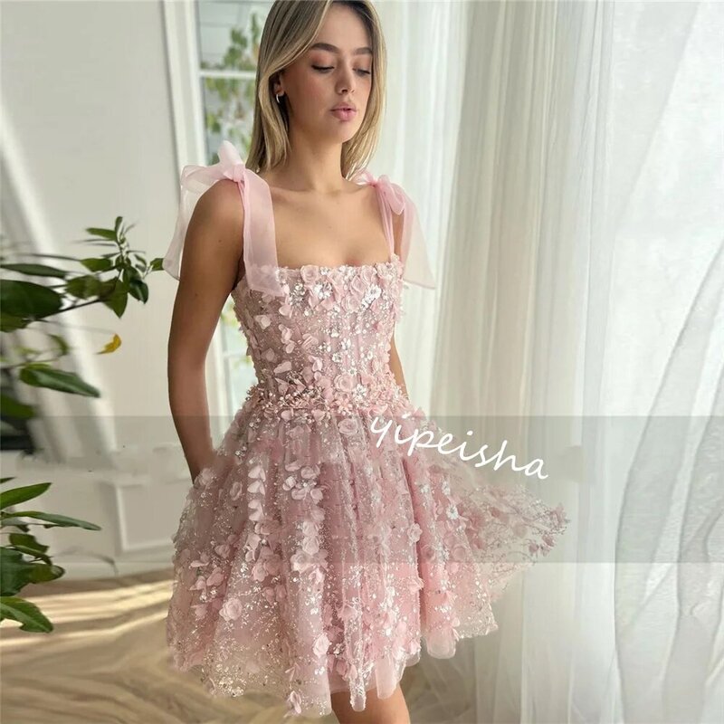 Ball Dress Evening Tulle Beading Applique Valentine's Day A-line Spaghetti Strap Bespoke Occasion Gown Mini Dresses Saudi Arabia