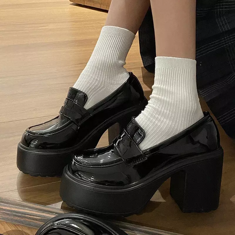 Y 2K Koreaanse Damesmode Gothic Black Platform Mary Jane Loafers Schoen Jakuniform Schoeisel Dikke Hoge Hakken Pumps Preppy Schoenen