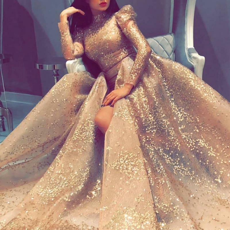 2022Autumn O-neck See-through Sexy Dress Woman Fashion Sprinkle Gold Slim High Waist Swing Slit Evening Dress Elegant Chic Woman