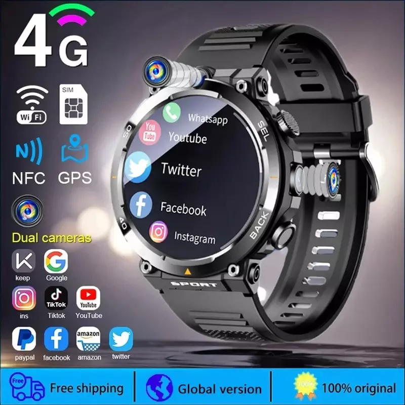 4G Smartwatch For Men GPS HD Dual Camera SIM Talk NFC Payment Heart Rate Monitoring Face Unlock Sports Waterproof Watch
