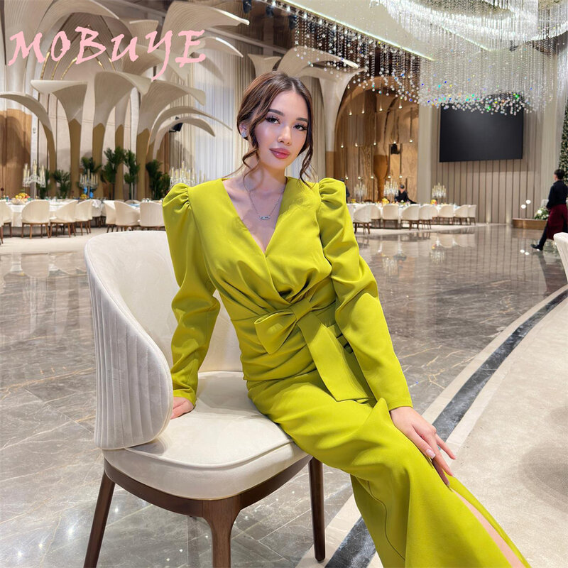 MOBUYE 2024 Popular V Neck Prom Dress Split Ankle-Length With Long SLeeves Evening Fashion Elegant Party Dress For Women