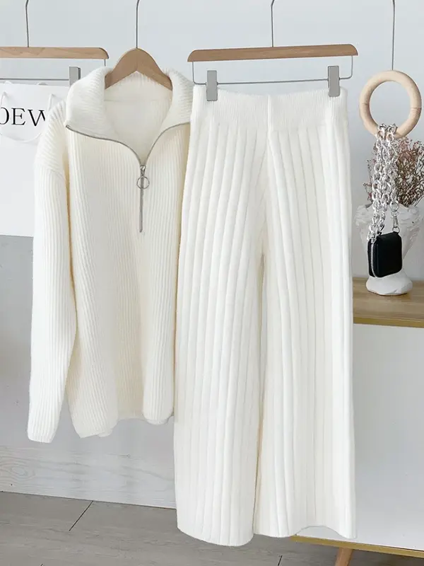 Conjunto de malha com zíper feminino, cintura alta, calça branca elegante, terno espessante quente, terno de duas peças, outono e inverno