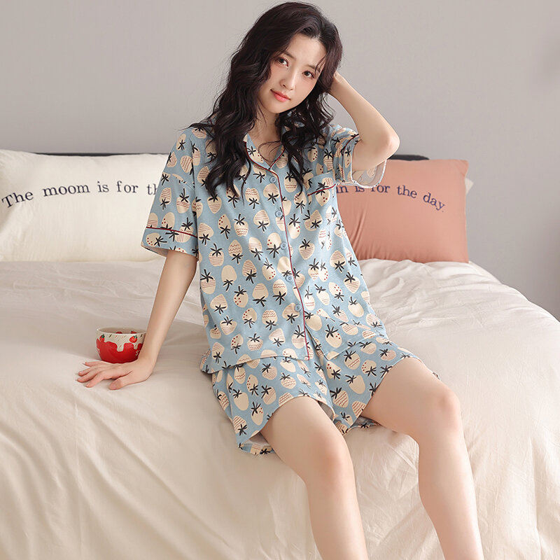 short pants + short sleeve cardigan tops pajamas sets cotton nightwear big yards M-4XL strawberry pyjamas women summer sleepwear
