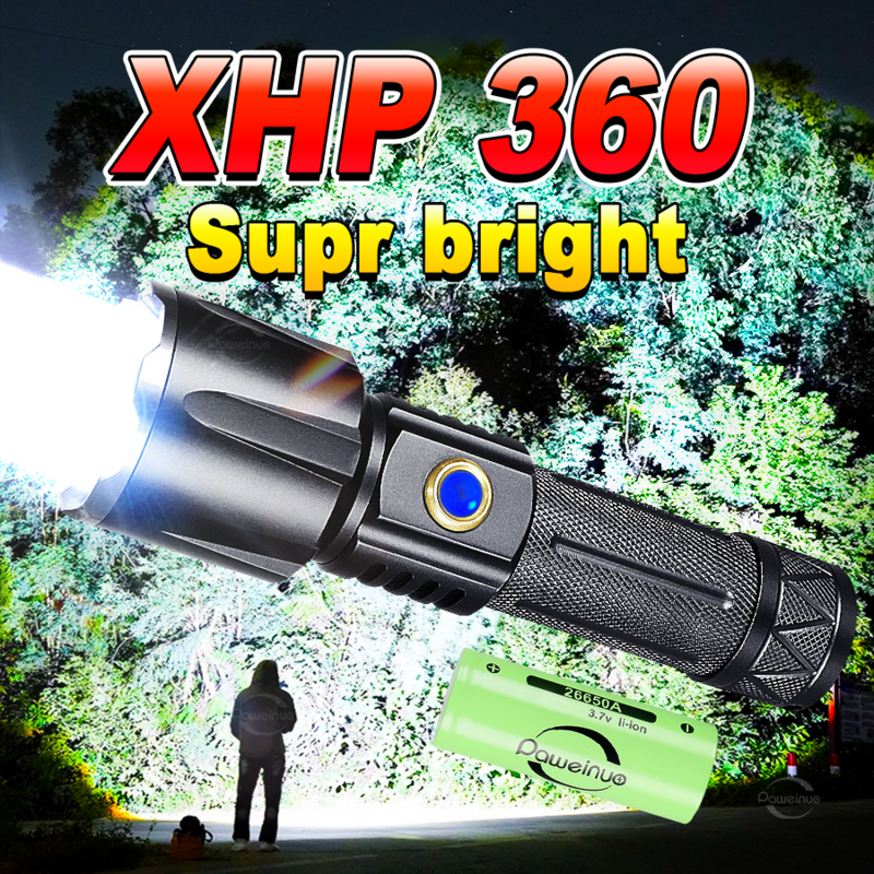 XHP360 ไฟฉาย LED ทรงพลังพิเศษพร้อมการชาร์จ Type-C ไฟฉาย LED พลังงานสูงแบบชาร์จไฟได้ 5 โหมดโคมไฟแสงที่แข็งแกร่ง