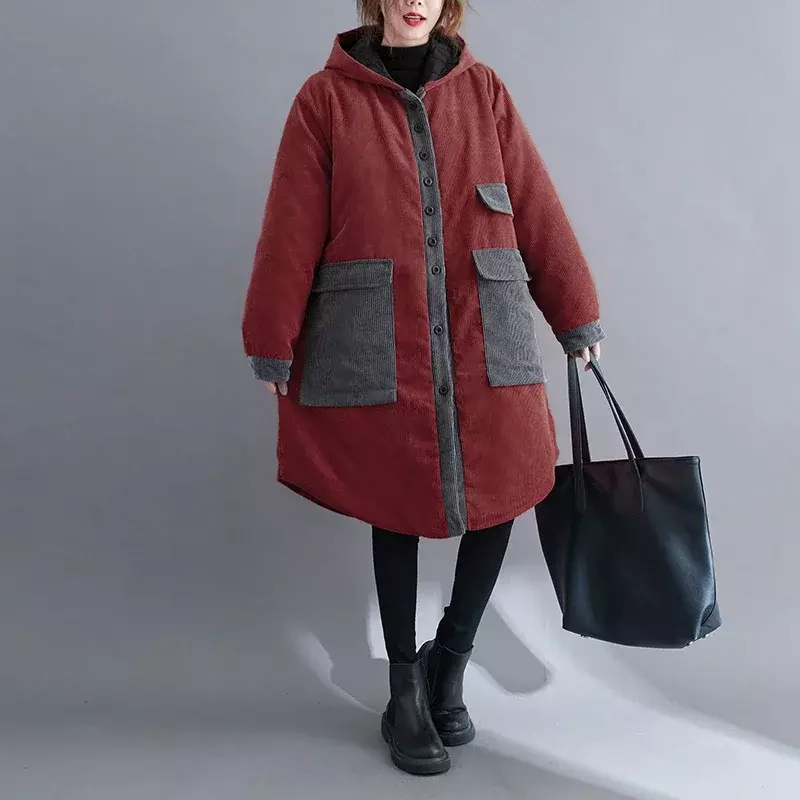 Korduroi Saku Besar Berlapis Kapas Bertudung Mantel Musim Gugur dan Musim Dingin Baru Longgar Ukuran Besar Mantel Pertengahan Panjang untuk Wanita