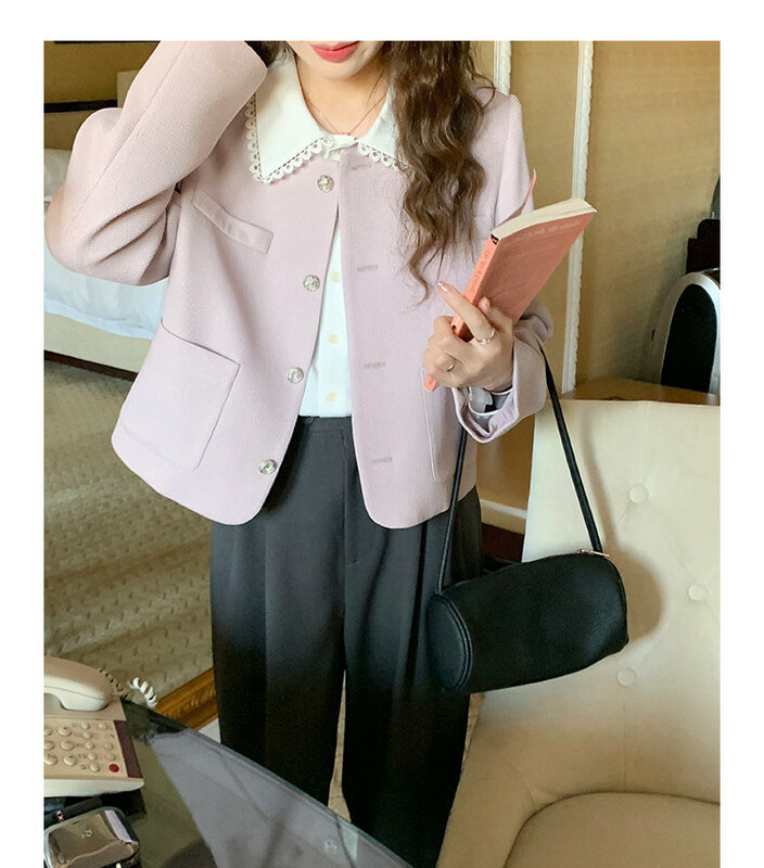 Pink Women's Short Coat 2024 Spring and Autumn Small Suit High-end Elegant Casual Jacket Office Lady Single-breasted Blazer Top