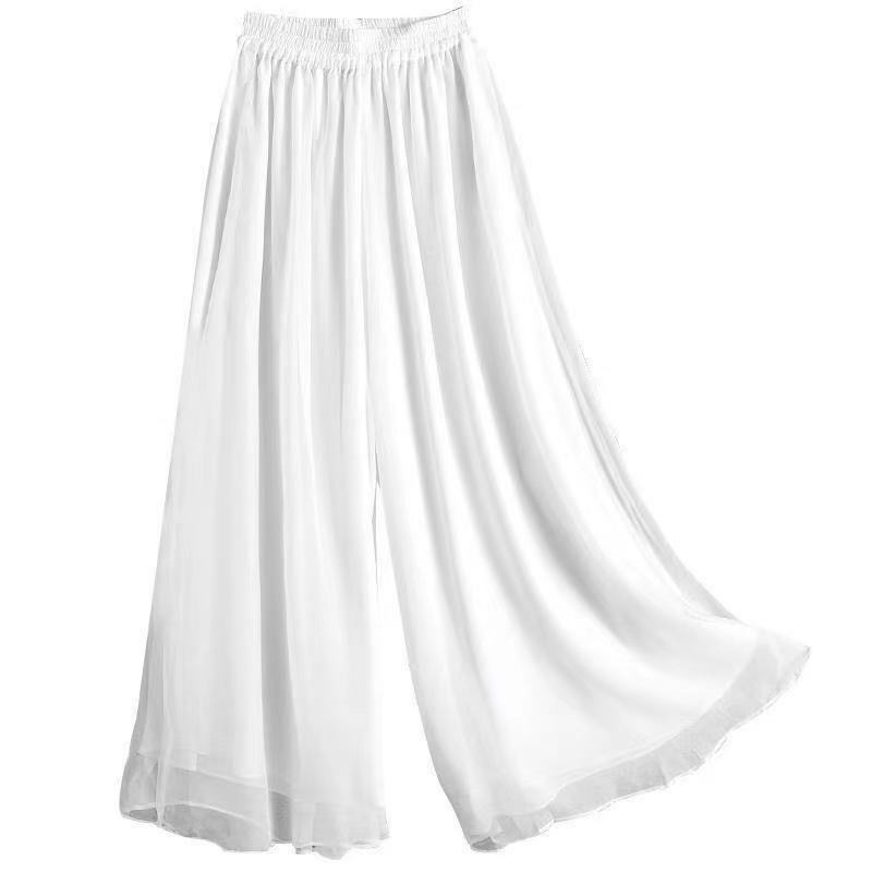 Celana Kaki Lebar Sifon Kasual Wanita Mode Ukuran Besar Longgar Pita Elastis Putih Solid Pakaian Wanita Pinggang Tinggi Celana Panjang Longgar
