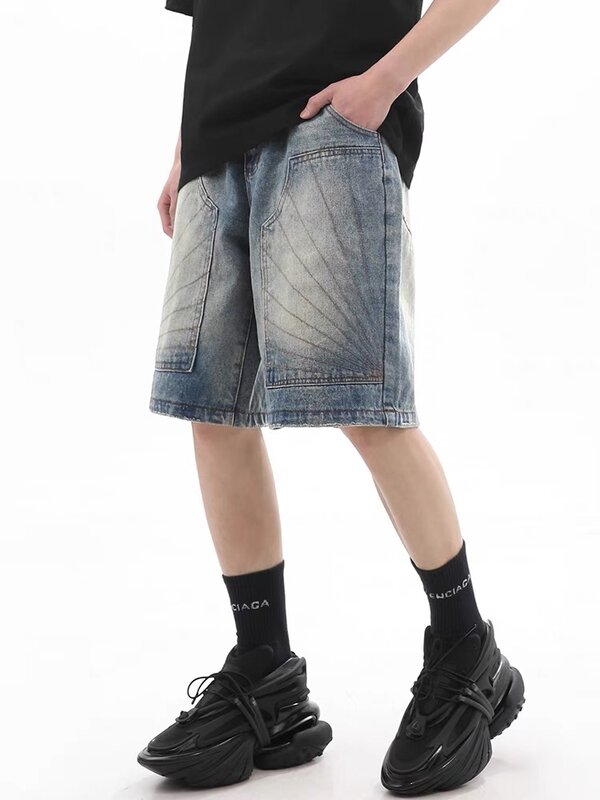 Houzhou กางเกงยีนส์ Y2k ฟอกวินเทจผู้หญิง, กางเกงยีนส์ทรงหลวมสีน้ำเงิน celana pendek DENIM ทรงหลวมโอเวอร์ไซส์