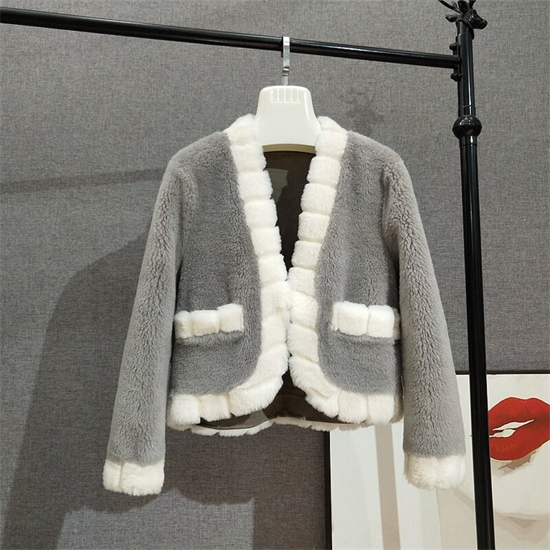 JT3140-chaquetas cortas cálidas de piel de oveja para mujer, abrigo de lana Real con cuello en V, Parka de invierno