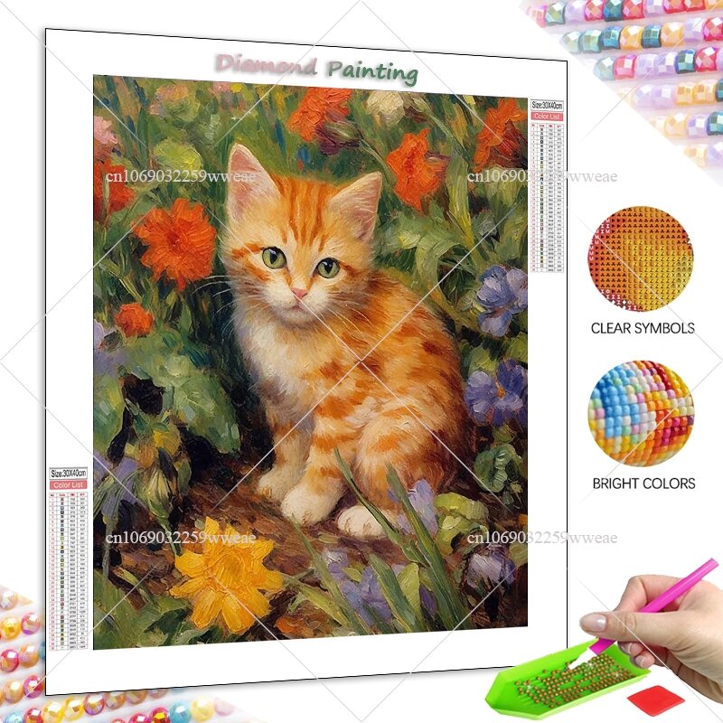 5D DIY Diamond Painting Cute Cat Full Round Diamond Mosaic Animal Flower Diamond Embroidery Kit Rhinestone Home Art Decoration