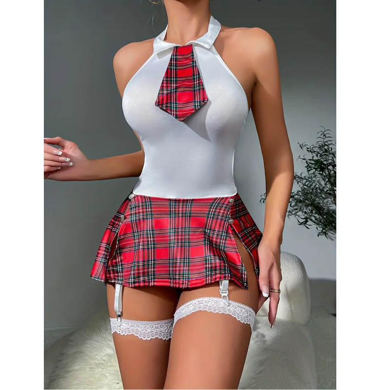 Cosplay Student Outfit Backless Checkered Dress Underwear Set Women's Sexy Erotic Lingerie Club Nightwear