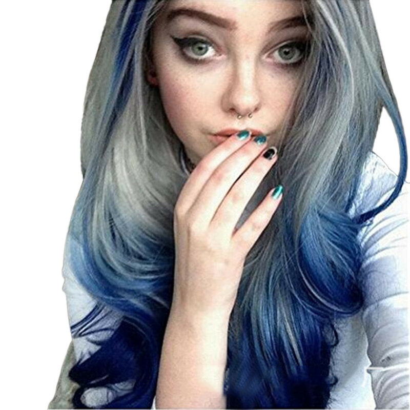 Wig rambut keriting panjang, rambut palsu halus gradien warna biru ungu, semua cocok untuk pesta Cosplay gelombang besar