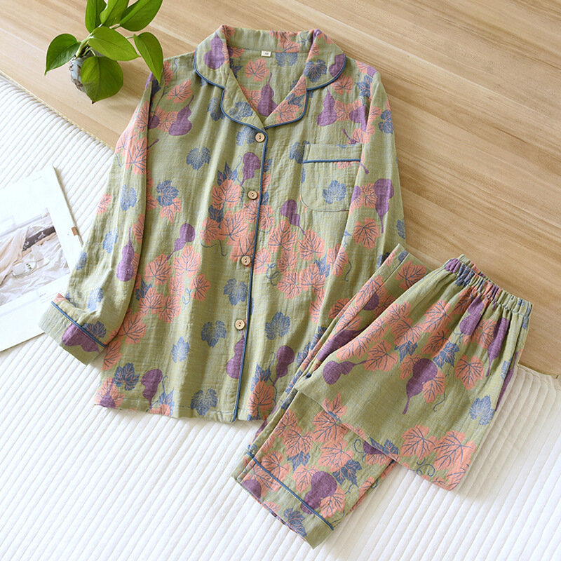 2024 Japanese Spring and Autumn New Women's Pajama Set 100% Cotton Vintage Long sleeved Pants Two Piece Set for Home Furnishings