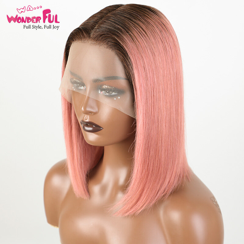 Wig Bob merah muda Ombre wig depan rambut manusia T bagian 13x5X1 HD wig Bob pendek renda UNTUK WANITA HITAM Cosplay rambut Virgin Brasil