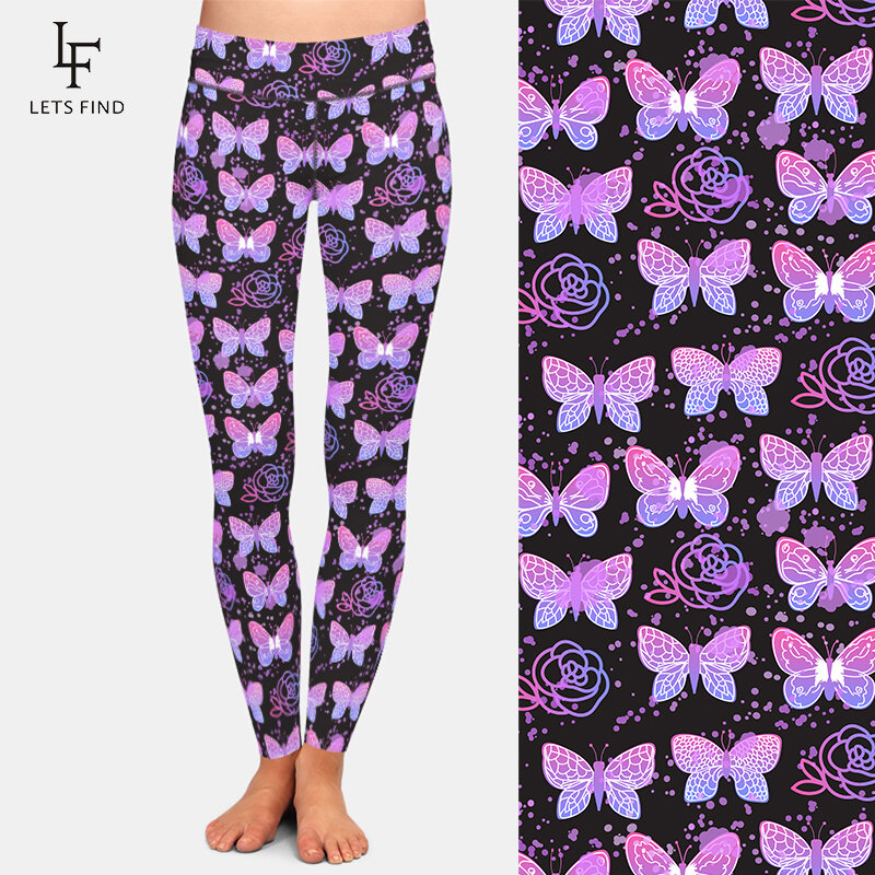 Letsfind bonito borboletas e rosas impressão digital mulheres de cintura alta leggings moda feminina elástico leggings de fitness