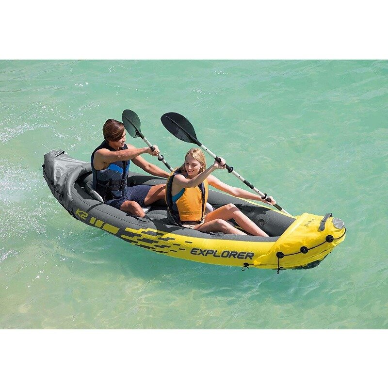 Intex 68307EP Explorer K2 Inflatable Kayak Set: Includes Deluxe 86in Aluminum Oars and High-Output Pump – SuperStrong PVC