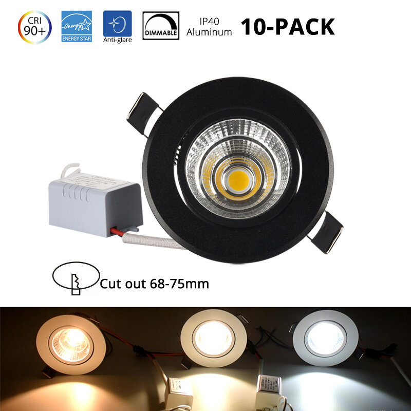10-PACK Black LED Downlight Interior Recessed Ceiling lighting Dimmable Mini 3W 5W 7W COB Anti-glare CRI90 =60W Halogen Bulbs