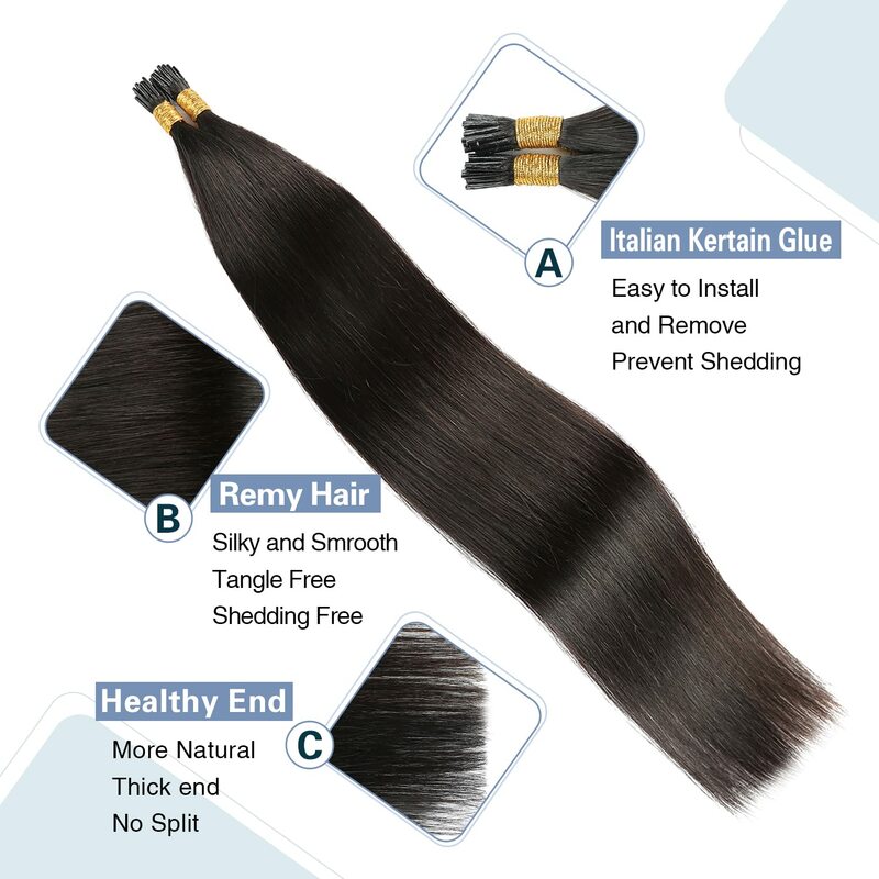 Прямые I-образные волосы для наращивания, человеческие волосы # 1B, натуральные черные Человеческие волосы Remy I-образные человеческие волосы для наращивания, 100 прядей/упаковка
