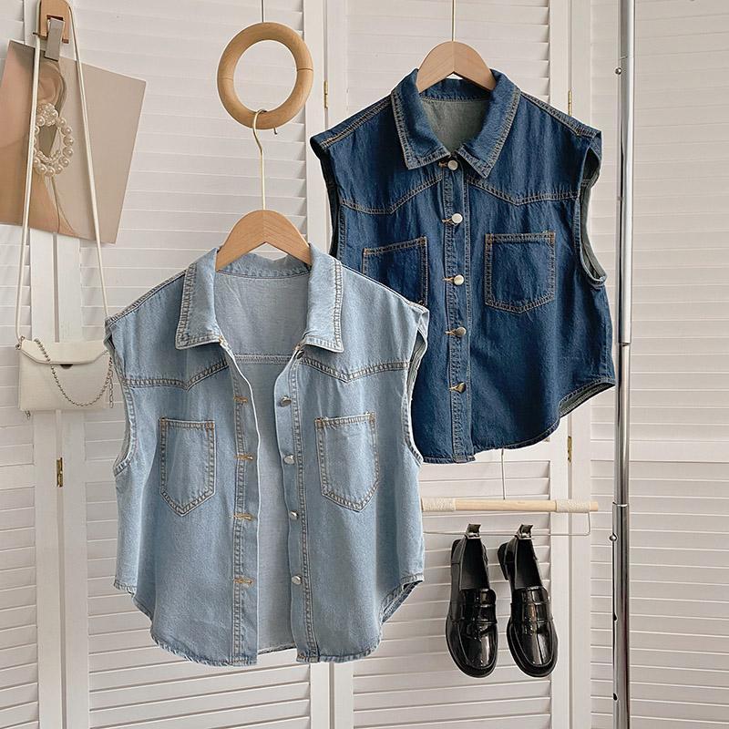 Rompi Denim biru kerah Single Breasted tidak beraturan, pakaian luar serbaguna Korea musim panas, rompi Denim biru Instagram