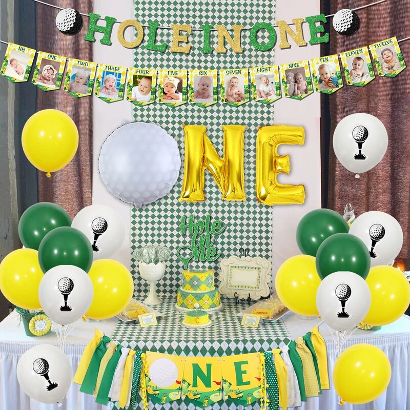 Golf 1st Birthday Decor Hole In One Banner Golf Photo High Chair Banner Golf Foil Balloons for Boy 1st Sports Theme Party