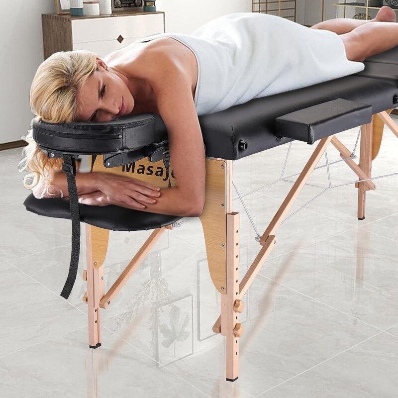 Mesa de masaje portátil, cama de masaje profesional, SPA Reiki, cama de salón de pestañas, marco de madera, ajuste de altura y accesorios